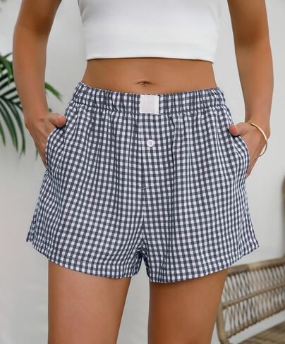 Womens Boxer Shorts Cotton Summer Casual Pajama Y2K Sleep Gingham Plaid Shorts Bottom with Pockets in Kuwait