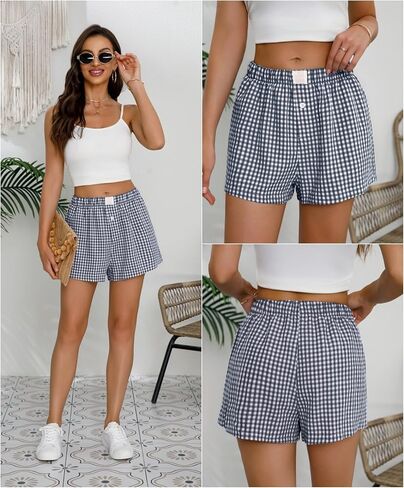 Womens Boxer Shorts Cotton Summer Casual Pajama Y2K Sleep Gingham Plaid Shorts Bottom with Pockets in Kuwait