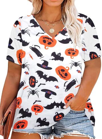 FLOYU Women Plus Size Halloween V Neck Shirt Pumpkin Face Printed Tee Plus Size Ghost Top Halloween Short Sleeve Blouses in Saudi Arabia