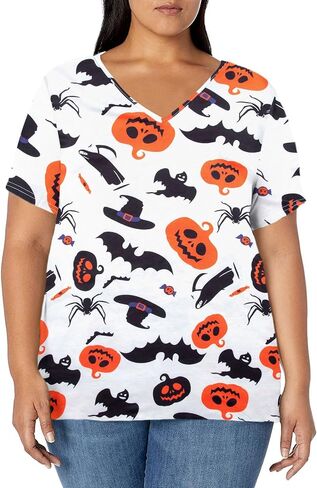 FLOYU Women Plus Size Halloween V Neck Shirt Pumpkin Face Printed Tee Plus Size Ghost Top Halloween Short Sleeve Blouses in Saudi Arabia