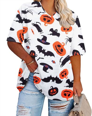 FLOYU Women Plus Size Halloween V Neck Shirt Pumpkin Face Printed Tee Plus Size Ghost Top Halloween Short Sleeve Blouses in Saudi Arabia