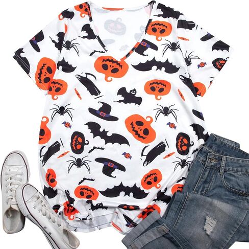 FLOYU Women Plus Size Halloween V Neck Shirt Pumpkin Face Printed Tee Plus Size Ghost Top Halloween Short Sleeve Blouses in Saudi Arabia
