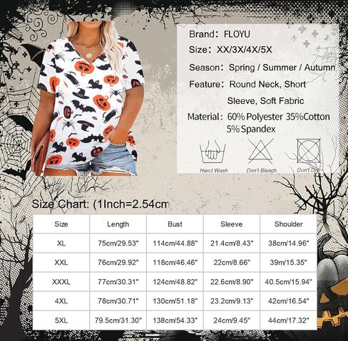 FLOYU Women Plus Size Halloween V Neck Shirt Pumpkin Face Printed Tee Plus Size Ghost Top Halloween Short Sleeve Blouses in Saudi Arabia
