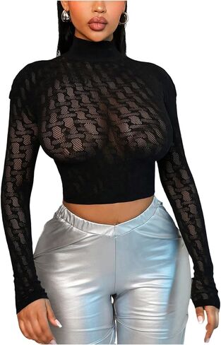 MakeMeChic Women's Lace Sheer Crop Tops Mock Neck Long Sleeve Fitted Club T Shirt in Saudi Arabia