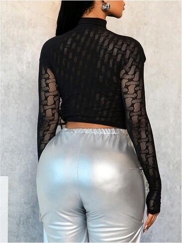 MakeMeChic Women's Lace Sheer Crop Tops Mock Neck Long Sleeve Fitted Club T Shirt in Saudi Arabia
