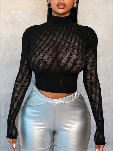 MakeMeChic Women's Lace Sheer Crop Tops Mock Neck Long Sleeve Fitted Club T Shirt in Saudi Arabia