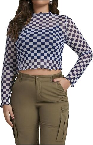 WDIRARA Women's Plus Size Checkered T Shirt Sheer Mesh Tee Long Sleeve Crop Tops in Saudi Arabia