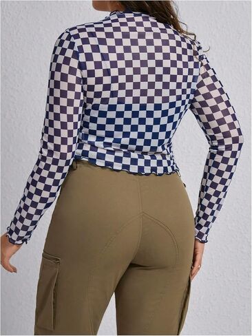WDIRARA Women's Plus Size Checkered T Shirt Sheer Mesh Tee Long Sleeve Crop Tops in Saudi Arabia