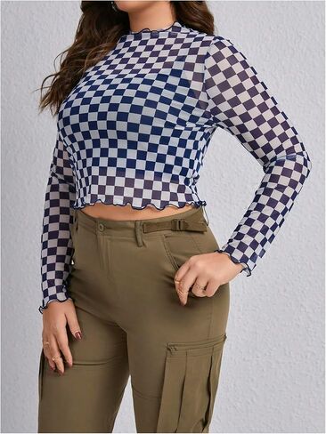 WDIRARA Women's Plus Size Checkered T Shirt Sheer Mesh Tee Long Sleeve Crop Tops in Saudi Arabia
