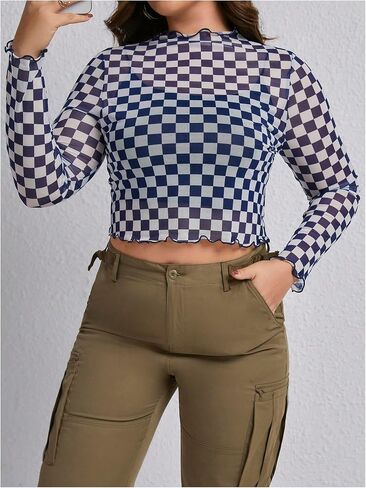 WDIRARA Women's Plus Size Checkered T Shirt Sheer Mesh Tee Long Sleeve Crop Tops in Saudi Arabia