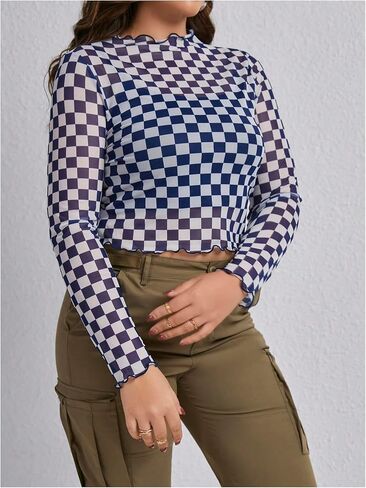 WDIRARA Women's Plus Size Checkered T Shirt Sheer Mesh Tee Long Sleeve Crop Tops in Saudi Arabia