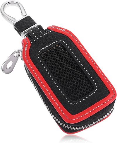 Leather Car Key Case, Universal Car Key Fob Case, Auto Keys Holder Bag for Men and Women, Auto Keys Chain Cases Holder with Keychain and Zipper (Black+Red) in Saudi Arabia