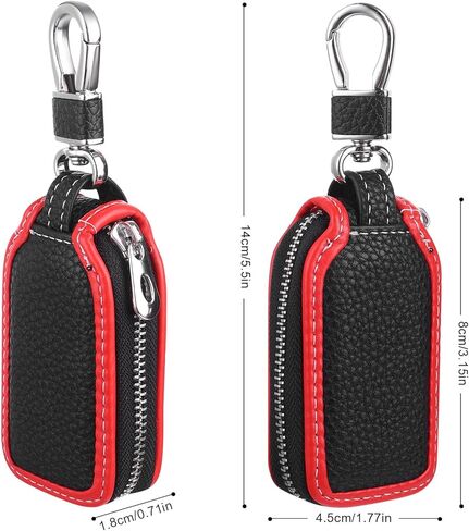 Leather Car Key Case, Universal Car Key Fob Case, Auto Keys Holder Bag for Men and Women, Auto Keys Chain Cases Holder with Keychain and Zipper (Black+Red) in Saudi Arabia