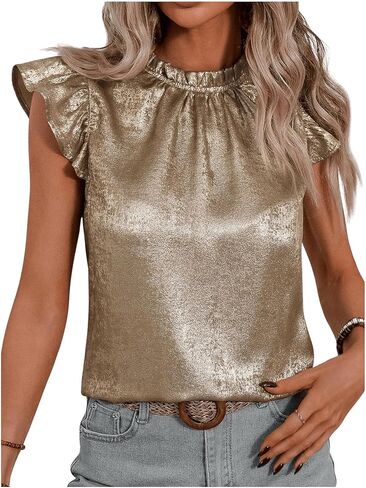 OYOANGLE Women's Metallic Ruffle Cap Sleeve Mock Neck Blouse Frill Trim Party Holiday Tops in Saudi Arabia