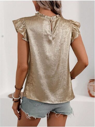 OYOANGLE Women's Metallic Ruffle Cap Sleeve Mock Neck Blouse Frill Trim Party Holiday Tops in Saudi Arabia