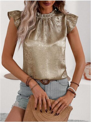 OYOANGLE Women's Metallic Ruffle Cap Sleeve Mock Neck Blouse Frill Trim Party Holiday Tops in Saudi Arabia