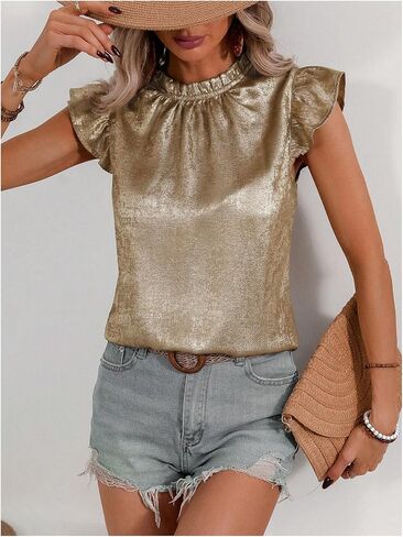 OYOANGLE Women's Metallic Ruffle Cap Sleeve Mock Neck Blouse Frill Trim Party Holiday Tops in Saudi Arabia