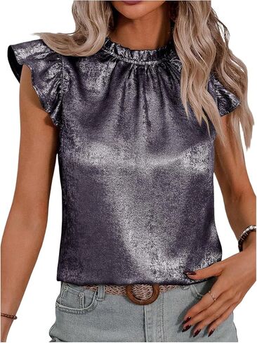 OYOANGLE Women's Metallic Ruffle Cap Sleeve Mock Neck Blouse Frill Trim Party Holiday Tops in Saudi Arabia