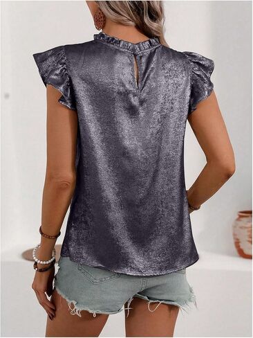 OYOANGLE Women's Metallic Ruffle Cap Sleeve Mock Neck Blouse Frill Trim Party Holiday Tops in Saudi Arabia