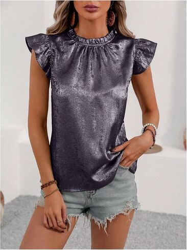 OYOANGLE Women's Metallic Ruffle Cap Sleeve Mock Neck Blouse Frill Trim Party Holiday Tops in Saudi Arabia
