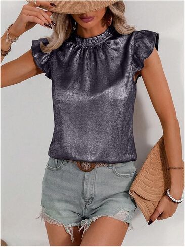 OYOANGLE Women's Metallic Ruffle Cap Sleeve Mock Neck Blouse Frill Trim Party Holiday Tops in Saudi Arabia