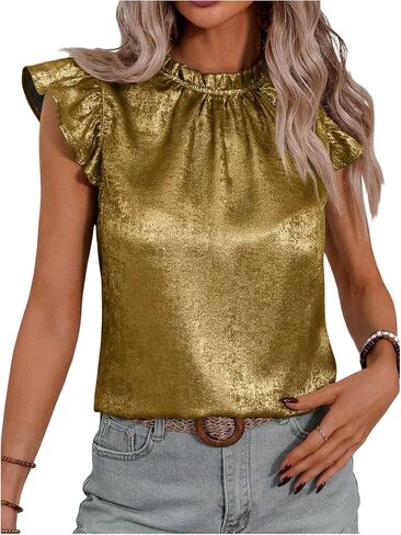 OYOANGLE Women's Metallic Ruffle Cap Sleeve Mock Neck Blouse Frill Trim Party Holiday Tops in Saudi Arabia