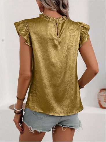 OYOANGLE Women's Metallic Ruffle Cap Sleeve Mock Neck Blouse Frill Trim Party Holiday Tops in Saudi Arabia