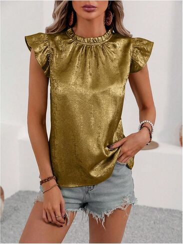 OYOANGLE Women's Metallic Ruffle Cap Sleeve Mock Neck Blouse Frill Trim Party Holiday Tops in Saudi Arabia