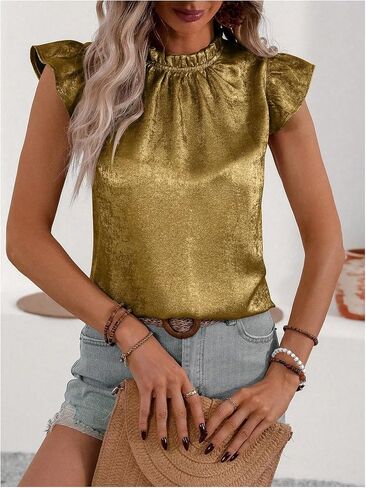 OYOANGLE Women's Metallic Ruffle Cap Sleeve Mock Neck Blouse Frill Trim Party Holiday Tops in Saudi Arabia