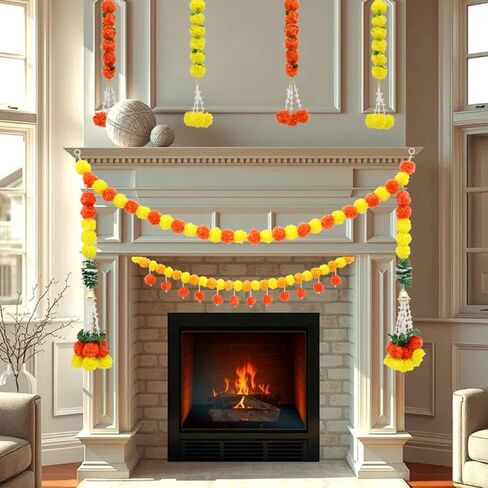 6 Pcs Diwali Artificial Marigold Garland Indian Marigold Flowers Garlands Hanging Indian Garland Yellow Orange Wedding Party Garlands Decor for Room, Door, Fireplace, Stairs in Saudi Arabia