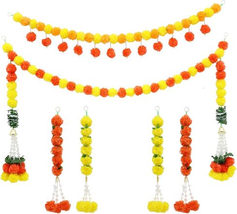 6 Pcs Diwali Artificial Marigold Garland Indian Marigold Flowers Garlands Hanging Indian Garland Yellow Orange Wedding Party Garlands Decor for Room, Door, Fireplace, Stairs in Saudi Arabia