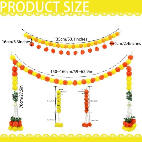 6 Pcs Diwali Artificial Marigold Garland Indian Marigold Flowers Garlands Hanging Indian Garland Yellow Orange Wedding Party Garlands Decor for Room, Door, Fireplace, Stairs in Saudi Arabia