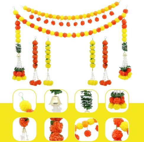 6 Pcs Diwali Artificial Marigold Garland Indian Marigold Flowers Garlands Hanging Indian Garland Yellow Orange Wedding Party Garlands Decor for Room, Door, Fireplace, Stairs in Saudi Arabia