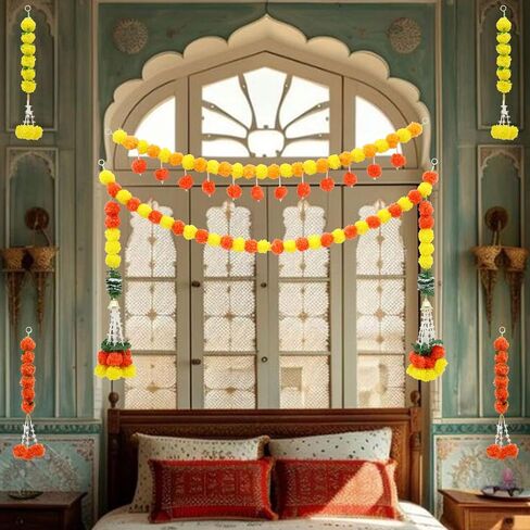 6 Pcs Diwali Artificial Marigold Garland Indian Marigold Flowers Garlands Hanging Indian Garland Yellow Orange Wedding Party Garlands Decor for Room, Door, Fireplace, Stairs in Saudi Arabia