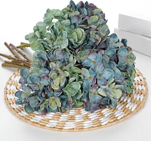 9 Pcs Fall Hydrangea Artificial Flowers for Decoration, Fall Artificial Flowers Floral Stems for Centerpieces, 12.5"Falls Silk Flower Fake Flower Bouquet for Autumn Farmhouse Wedding Decor, Blue/Green in Saudi Arabia