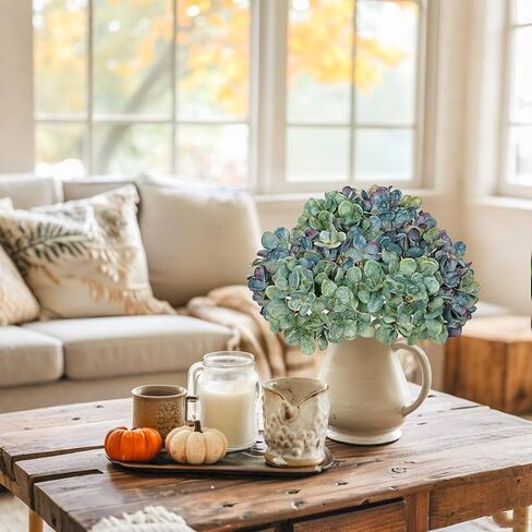 9 Pcs Fall Hydrangea Artificial Flowers for Decoration, Fall Artificial Flowers Floral Stems for Centerpieces, 12.5"Falls Silk Flower Fake Flower Bouquet for Autumn Farmhouse Wedding Decor, Blue/Green in Saudi Arabia