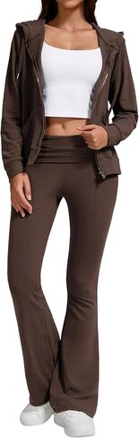 طقم بدلة اليوغا للسيدات مكون من قطعتين - خفيف الوزن بغطاء للرأس مع جيوب وبنطلون ضيق متوهج منخفض الارتفاع in Kuwait