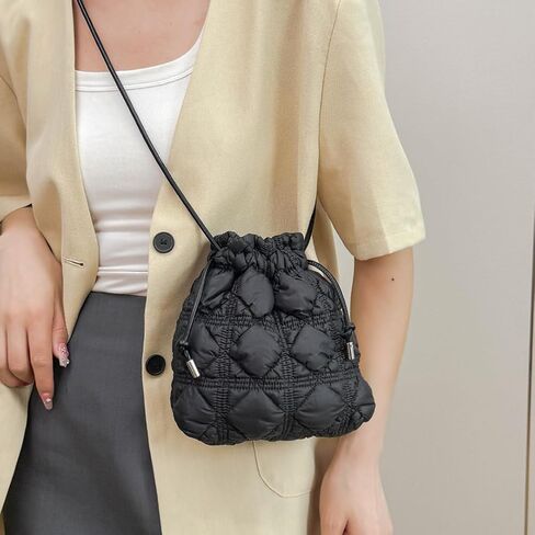 Mini Puffer Drawstring Bucket Bag Quilted Crossbody Bags for Women Bubble Nylon Shoulder Handbag Hobo Cell Phone Purse in Saudi Arabia