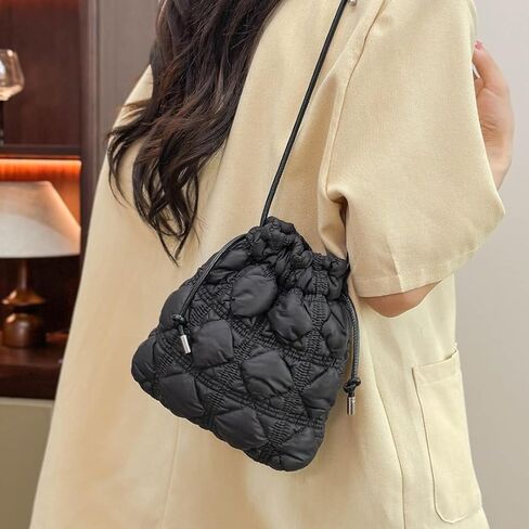 Mini Puffer Drawstring Bucket Bag Quilted Crossbody Bags for Women Bubble Nylon Shoulder Handbag Hobo Cell Phone Purse in Saudi Arabia