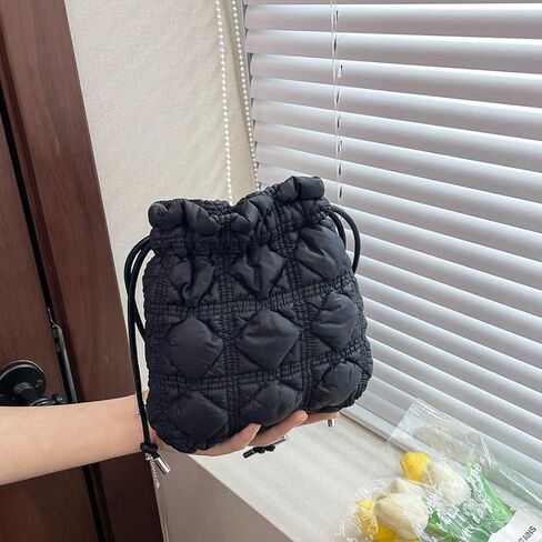 Mini Puffer Drawstring Bucket Bag Quilted Crossbody Bags for Women Bubble Nylon Shoulder Handbag Hobo Cell Phone Purse in Saudi Arabia