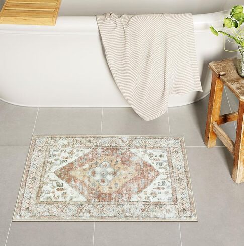 Uphome Boho Bathroom Rugs Oriental Vintage Bath Rug Khaki Soft Plush Washable Bath Mats Non-Slip Farmhouse Distressed Bathroom Floor Mat for Toilet Tub Vanity, 18x26 inch in Kuwait
