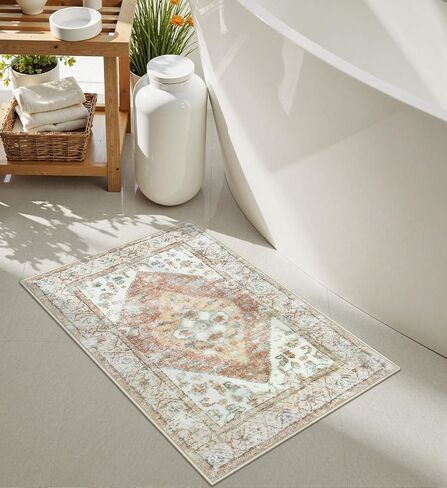 Uphome Boho Bathroom Rugs Oriental Vintage Bath Rug Khaki Soft Plush Washable Bath Mats Non-Slip Farmhouse Distressed Bathroom Floor Mat for Toilet Tub Vanity, 18x26 inch in Kuwait