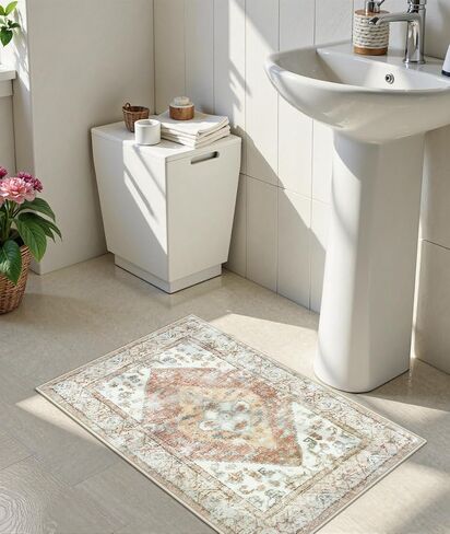 Uphome Boho Bathroom Rugs Oriental Vintage Bath Rug Khaki Soft Plush Washable Bath Mats Non-Slip Farmhouse Distressed Bathroom Floor Mat for Toilet Tub Vanity, 18x26 inch in Kuwait
