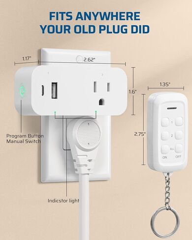DEWENWILS Wireless Remote Control Outlet, 125V/15A/1875W Remote USB Outlet Switch, 100FT Control Range, Programmable & Expandable Indoor Remote Control Outlet, FCC Listed in Saudi Arabia