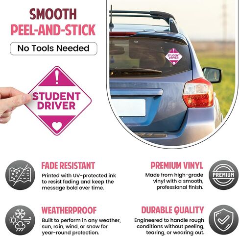 | (3 Pcs) Student Driver Stickers for Car – Strong Adhesive, Waterproof and UV Resistant Cute Student Driver Sticker. Perfectly Sized New Driver Stickers for Maximum Safety in Kuwait