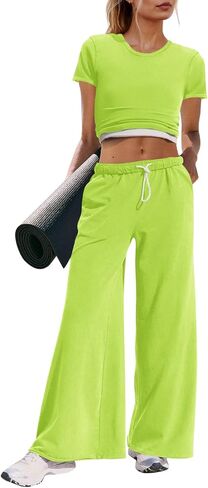 Panadila Womens 2 Piece Lounge Set Matching Workout Sets Summer Crop Tops Wide Leg Pants Going Out Outfits in Saudi Arabia