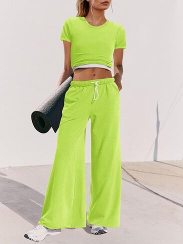 Panadila Womens 2 Piece Lounge Set Matching Workout Sets Summer Crop Tops Wide Leg Pants Going Out Outfits in Saudi Arabia