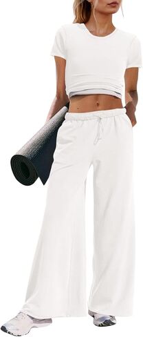 Panadila Womens 2 Piece Lounge Set Matching Workout Sets Summer Crop Tops Wide Leg Pants Going Out Outfits in Saudi Arabia