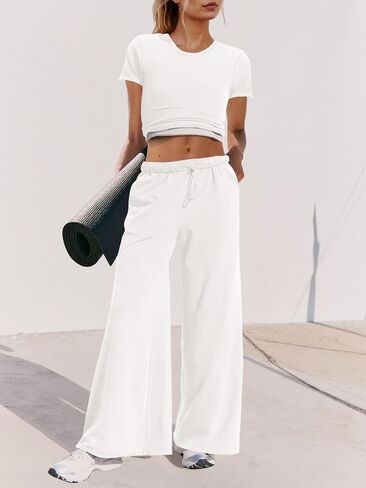 Panadila Womens 2 Piece Lounge Set Matching Workout Sets Summer Crop Tops Wide Leg Pants Going Out Outfits in Saudi Arabia