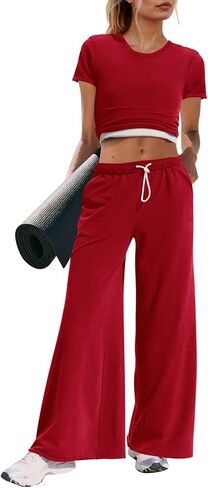 Panadila Womens 2 Piece Lounge Set Matching Workout Sets Summer Crop Tops Wide Leg Pants Going Out Outfits in Saudi Arabia
